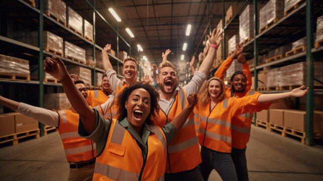Smiling team members in a light-industrial workspace